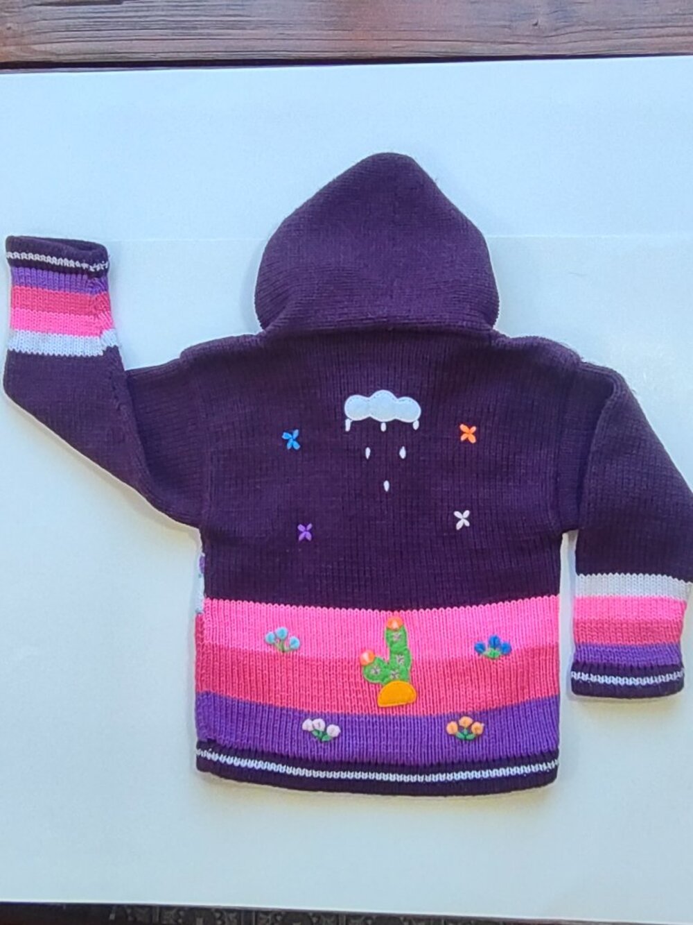 Peruvian Cardigan Sweater Kid Size 2T Full Zip Hood Pockets Purple & Pink - Picture 4 of 8